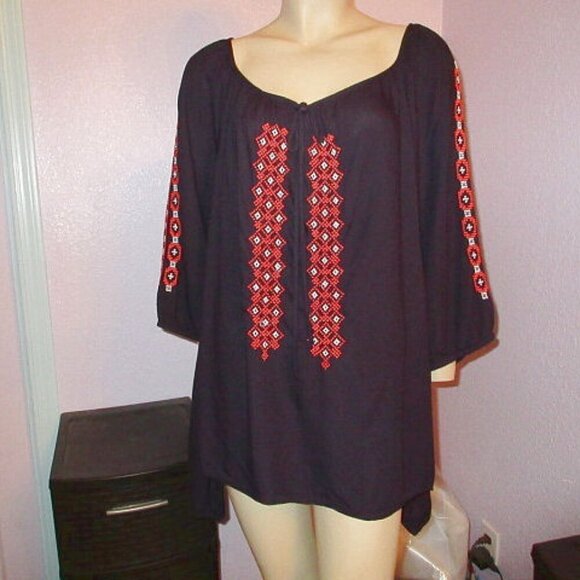 Karen Kane Tunic Top Size XL Embroidered Asymmetrical 3/4 Sleeves Boho Peasant - Picture 2 of 7